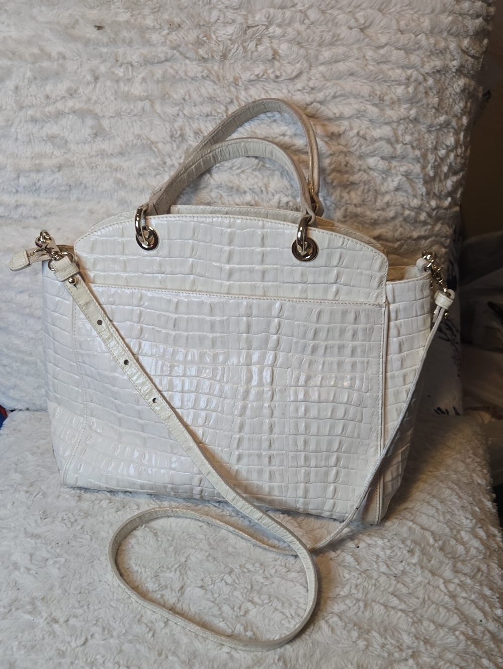 Brahmin White Croc-Embossed Shoulder Tote with Removable Strap
